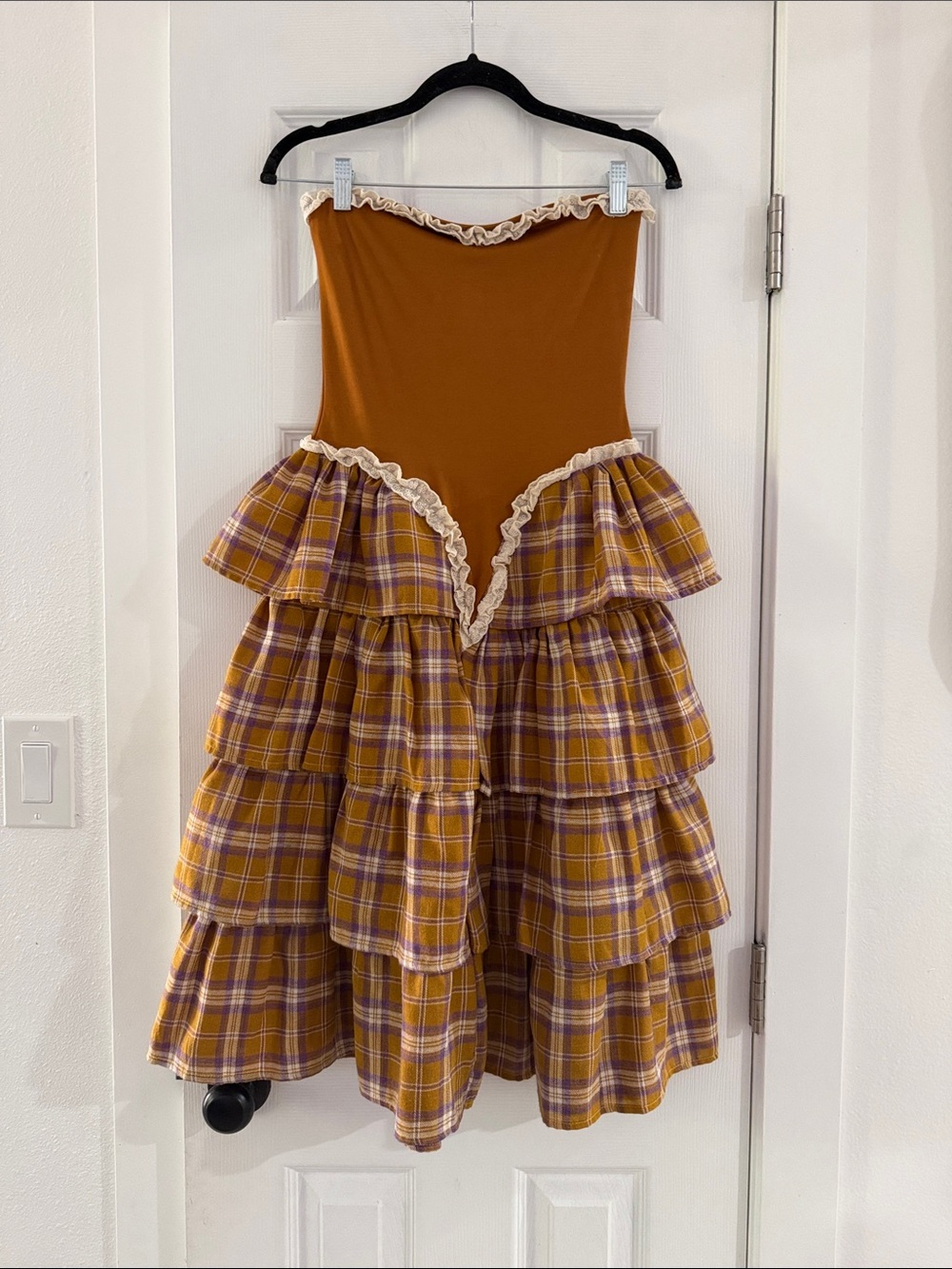 Plaid Tiered Ruffle Dress in Mustard Yellow
